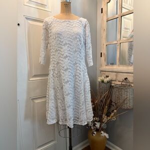 Elegant White Intricately Detailed Lace Long Sleeve Midi Dress Romantic Size‎ 16